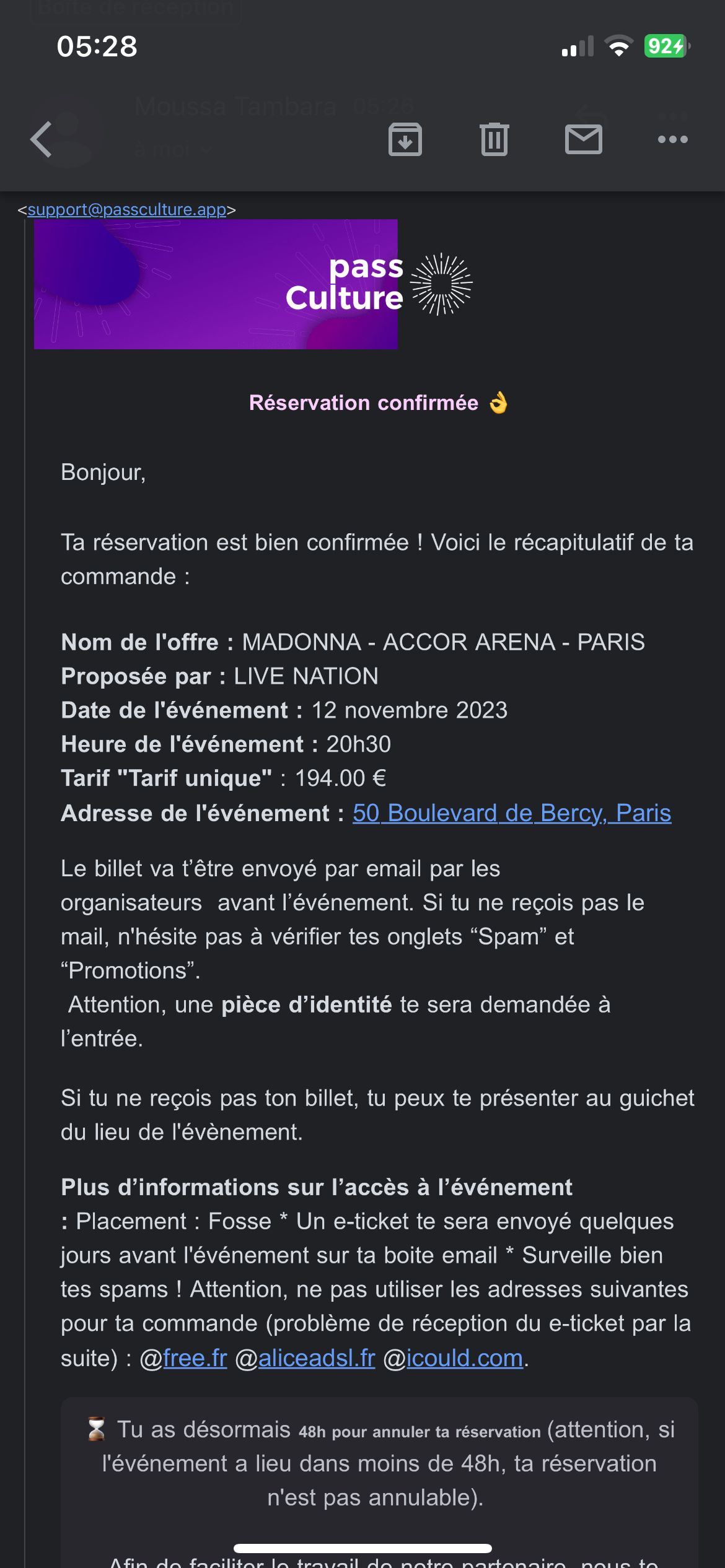 Place Madonna accor arena fosse 21/11