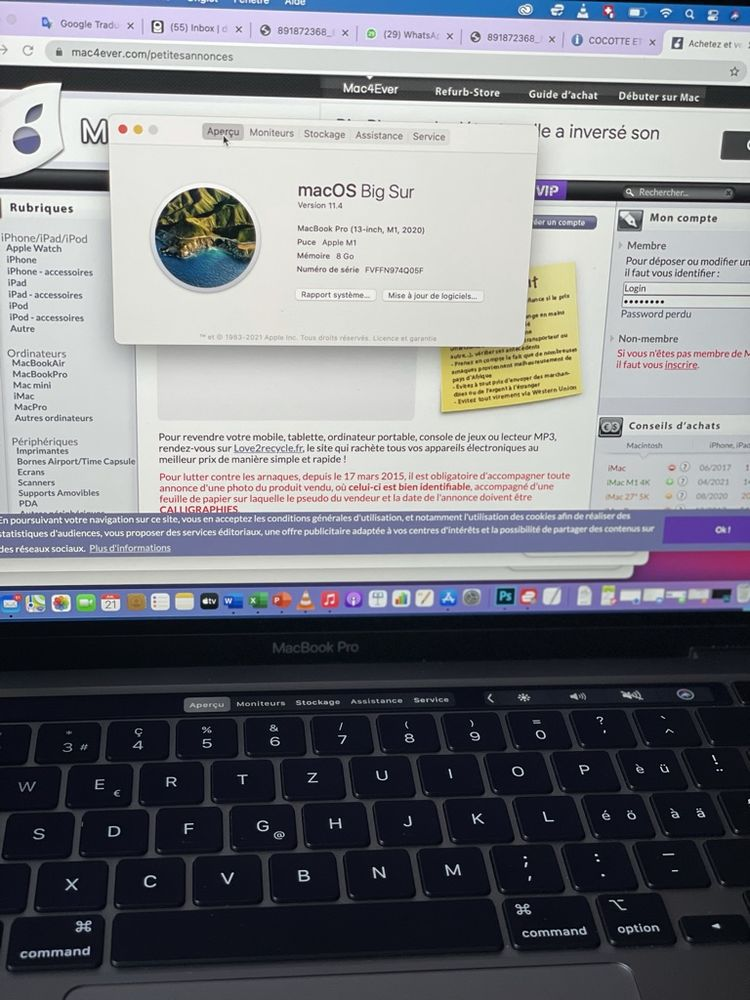 Macbook Pro 13 mi 2020 puce M1, 8 go ,500 SSD
