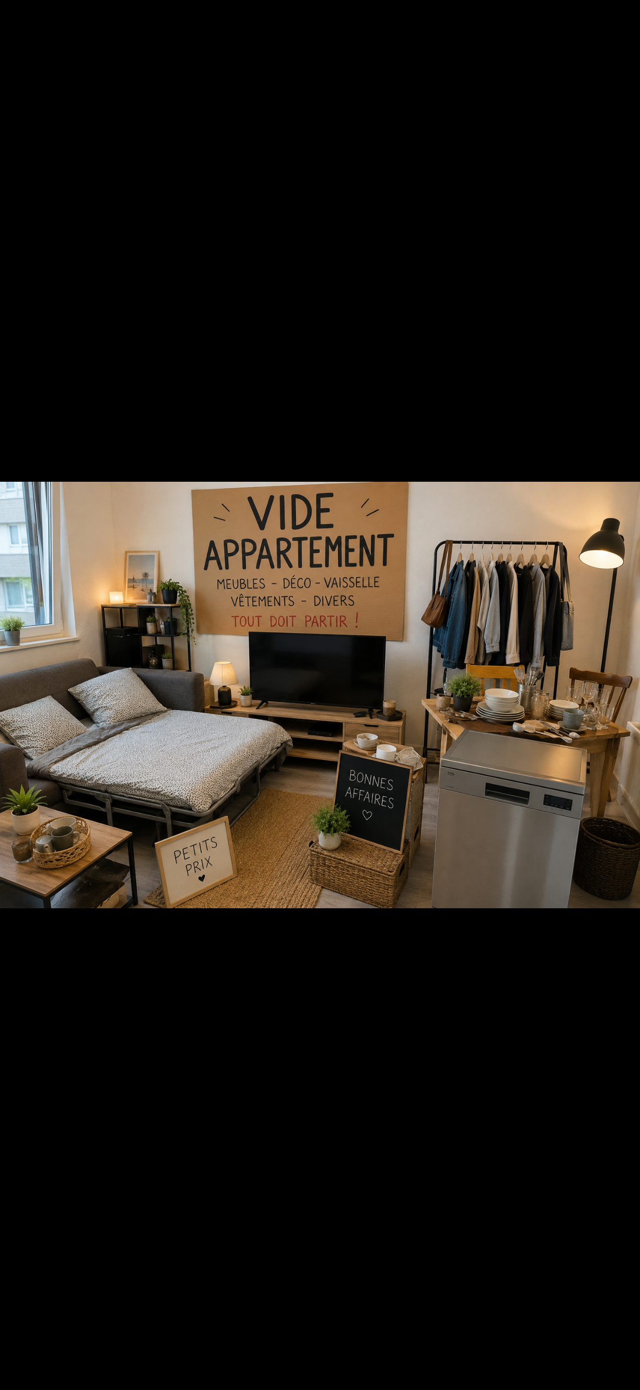 Vide appartement : meubles, décoration, vaisselle, vêtements et divers objets